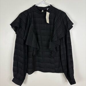 Evereve Alison Joy Black Textured Ruffled Long Sleeved Blouse Size Small